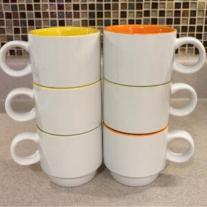 Crate&Barrel Stackable coffee 6 cups 8 oz. “Pick Me Up" Stacking Stoneware Mugs